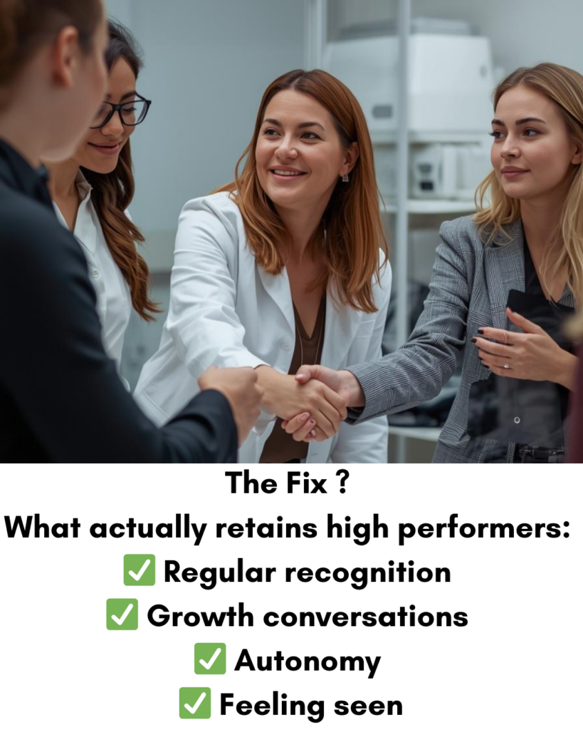 Manager having relaxed one on one conversation with employee - recognition and growth retain high performers