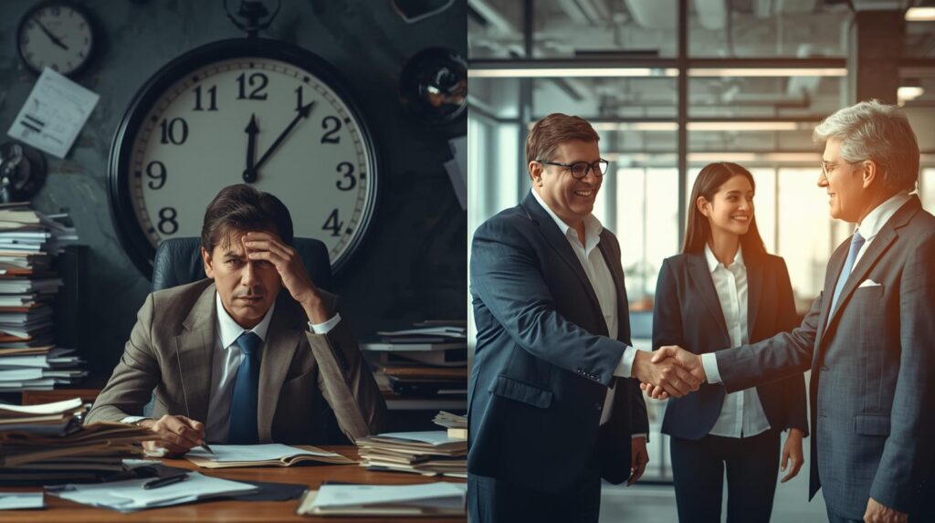 Split scene showing slow hiring losing a candidate to a faster competing company