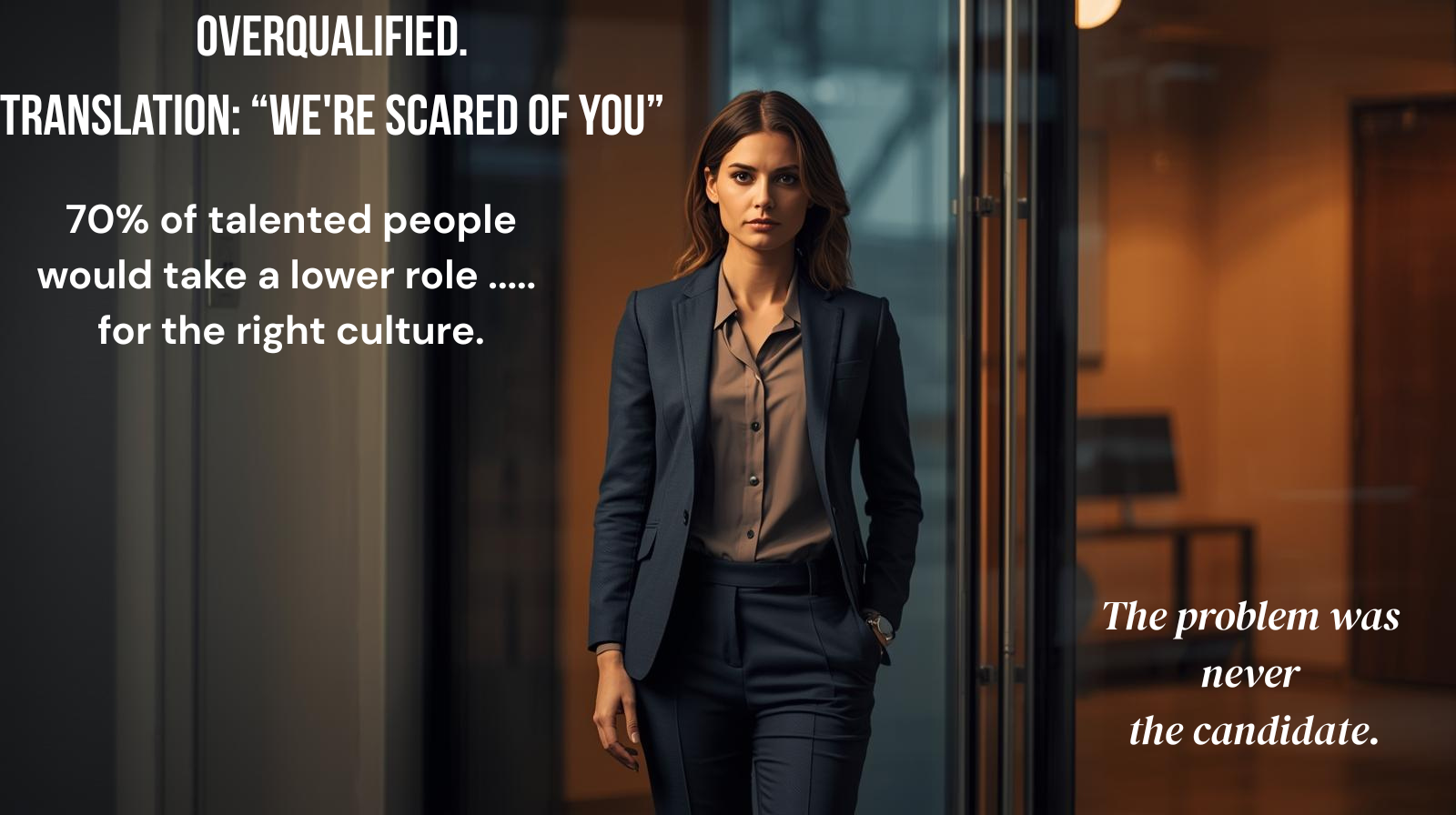 A confident professional woman walking out of a glass office door — representing overqualified candidates who are turned away