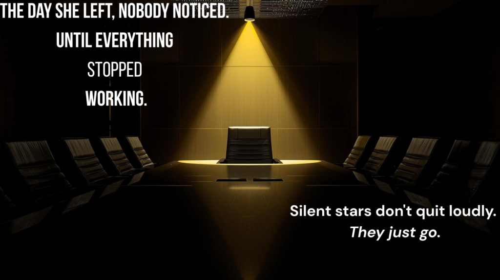 Empty boardroom / Silent stars don't quit loudly. They just go.