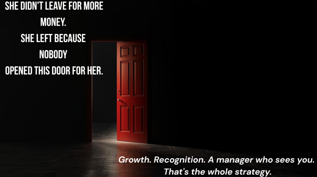 A red door open to golden light symbolising missed growth opportunities She didn't leave for more money. She left because nobody opened this door for her.