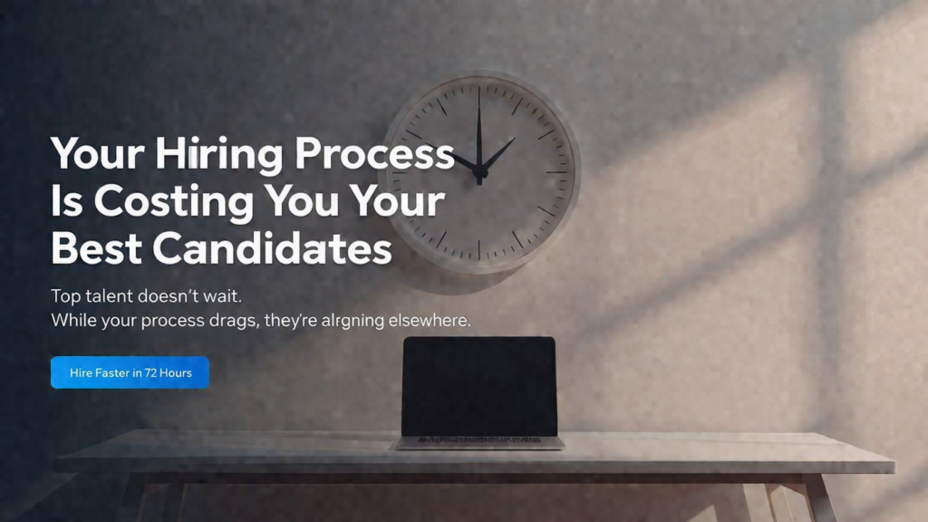 Minimal office workspace with wall clock symbolizing time pressure in hiring process