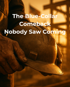 A weathered hard hat held on a construction site at sunset — skilled trades comeback 2026