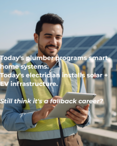 A trades worker reviewing solar installation data on a tablet — modern skilled trades now include tech integration