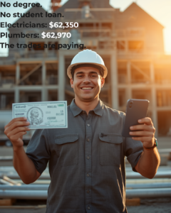 A smiling construction worker holding a paycheck — trades salaries are outpacing national median wages
