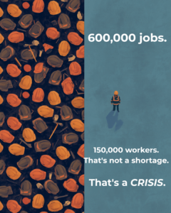 Hundreds of hard hats scattered on the ground with a single worker standing apart -- visualising the trades talent gap