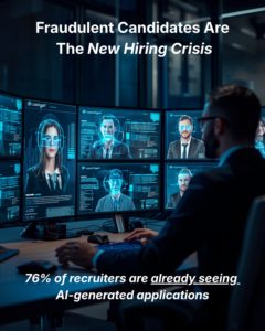 Recruiters screening fraudulent AI-generated candidate applications on monitors
