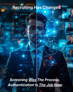Human versus AI split-face image showing how talent authentication replaces traditional screening in recruiting